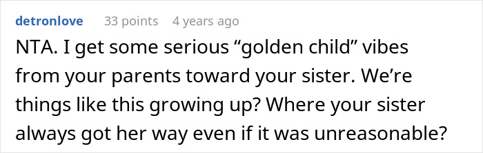 Screenshot of an online comment discussing family dynamics and favoritism between siblings during wedding and honeymoon plans. Screenshot of an online comment discussing family dynamics and favoritism between siblings during wedding and honeymoon plans.