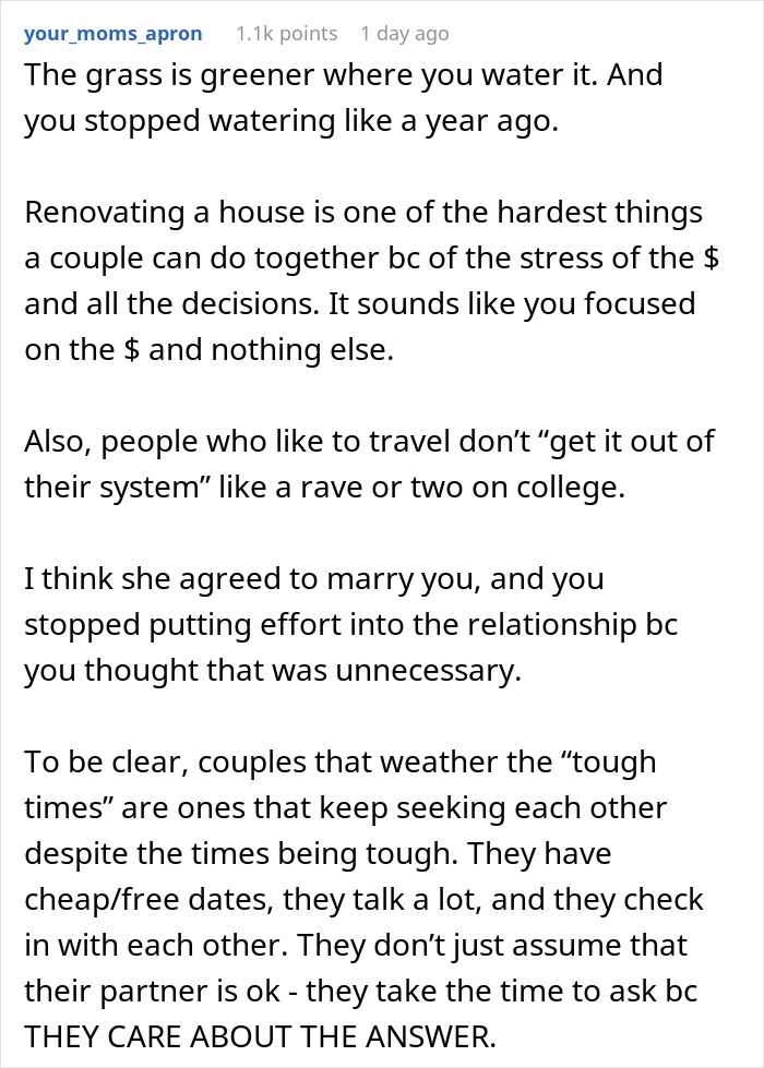 Comment explaining relationship effort and challenges, discussing why fianc&eacute;e left in chasing butterflies context.