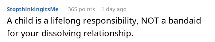 Text screenshot showing a comment about a woman&rsquo;s surprise baby being a vicious trap to keep her boyfriend from leaving.