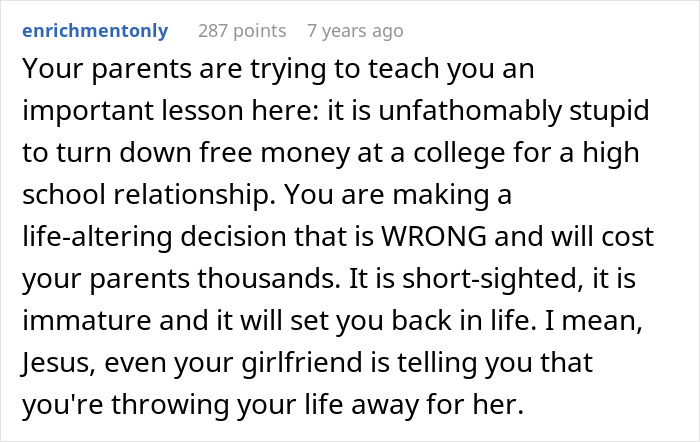 Screenshot of a discussion about parents refusing to let their son ruin his future over teenage love and poor decisions.