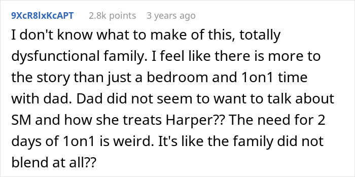 Comment discussing a dysfunctional family crisis after dad evicts teen daughter from her bedroom for a new baby.