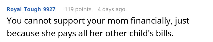 Screenshot of a Reddit comment discussing family financial support expectations and entitlement toward grandma funding a stay-at-home mom.