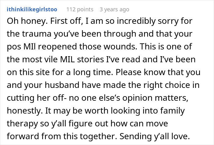 Reddit comment expressing sympathy for trauma caused by MIL secretly DNA testing grandkid and urging family therapy to heal.