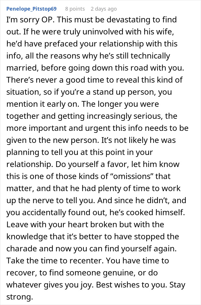 Comment from Penelope_Pitstop69 offering advice on coping with boyfriend's double life and heartbreak recovery.