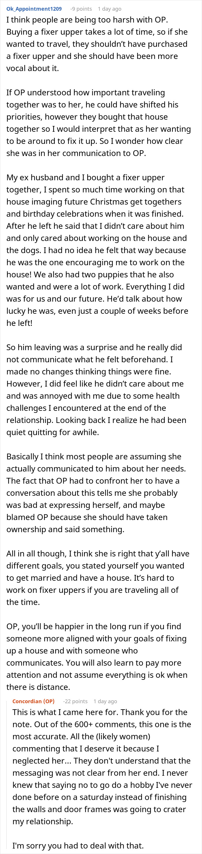 Screenshot of an online discussion about a man trying to understand why his fianc&eacute;e left him over differing life goals.