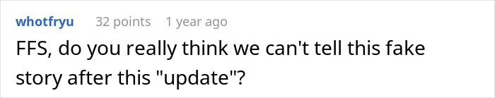 Screenshot of a social media comment expressing disbelief about a fake story update with frustration and skepticism.