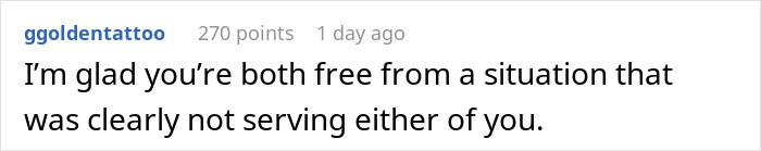 Comment on social media post expressing relief both parties are free from an unfulfilling relationship involving chasing butterflies.