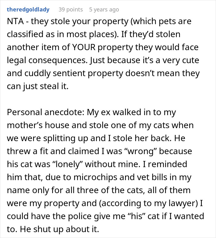 Comment discussing a woman calling sheriff dad about neighbors stealing her cat, highlighting property rights and legal issues.