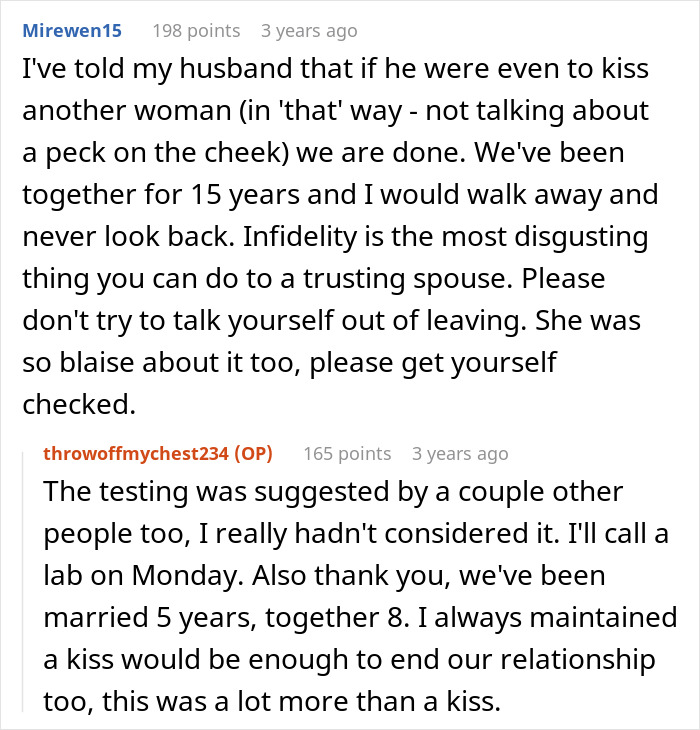 Reddit conversation about woman admitting to cheating multiple times, husband informing her parents, and leaving the relationship.