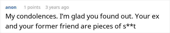 Screenshot of a Reddit comment expressing condolences and revealing a husband as a horrible, cheating jerk.