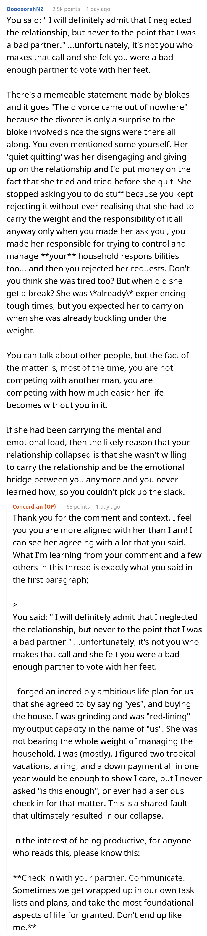 Reddit user comments analyzing emotional reasons why fianc&eacute;e left in relationship collapse discussion.
