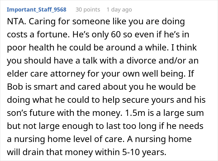 Comment discussing husband lying about inheritance and wife&rsquo;s care, suggesting legal advice for protecting future finances.