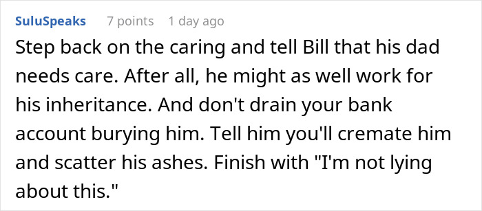 Comment advising to stop caring for husband, mentioning inheritance and warning against draining bank accounts while caring for him.