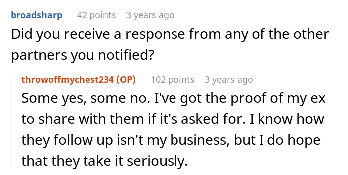 Screenshot of an online conversation about a woman admitting to cheating multiple times and consequences discussed by her husband.