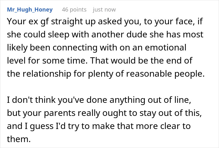 Screenshot of a discussion about a guy dumping his girlfriend over opening relationship issues and parents turning against him.