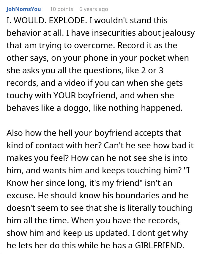 Text comment discussing a woman struggling with her boyfriend&rsquo;s female friend and relationship jealousy issues.