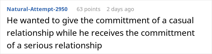 Screenshot of a Reddit comment about relationship commitment, illustrating romantic indifference and emotional disconnect.