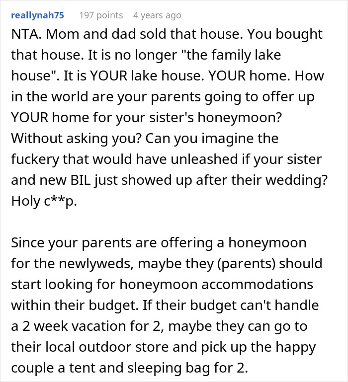 Commenter explains why sibling’s honeymoon at family lake house is unrealistic after house was sold and no longer shared. Commenter explains why sibling’s honeymoon at family lake house is unrealistic after house was sold and no longer shared.