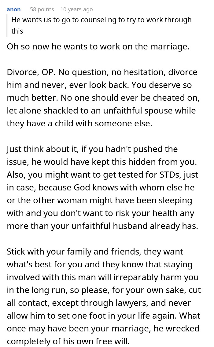 Screenshot of a detailed online discussion about a man taking care of a pregnant coworker and consequences in his marriage.