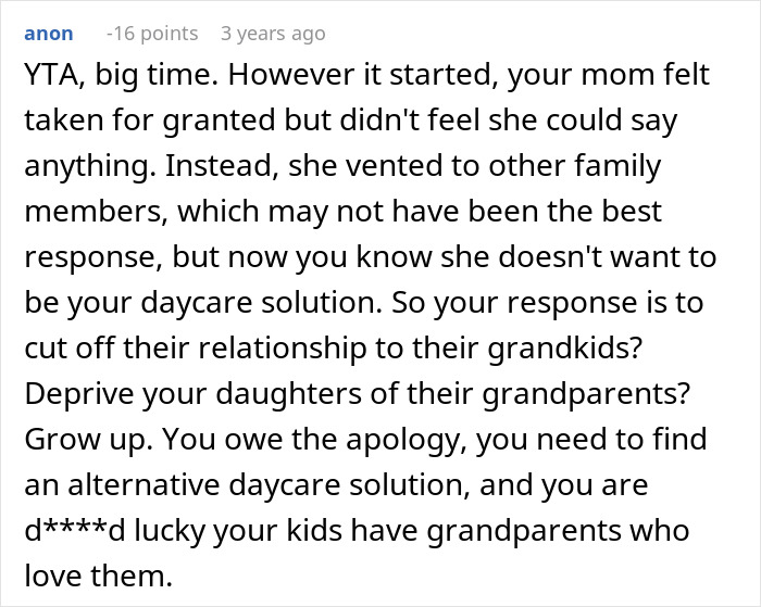 Comment discussing a dad stopping grandparents from babysitting after hearing their true thoughts on the role.