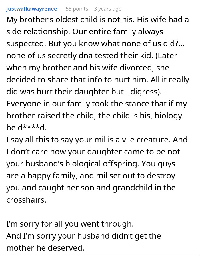 Commenter shares family story about secret DNA testing by MIL causing conflict and turning everyone against her grandkid.