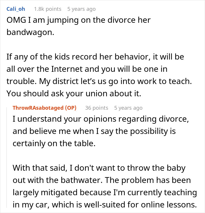 Screenshot of an online forum discussing a toxic wife humiliating her teacher husband during a Zoom class.