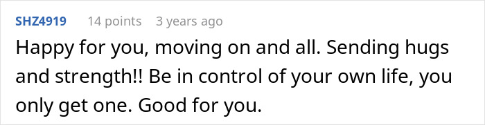 Screenshot of a comment expressing support and encouragement after woman uncovers husband's affair.