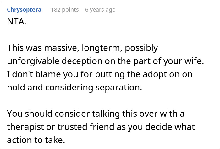 Reddit comment advising a man on refusing adoption after discovering wife's deception about kids' father.