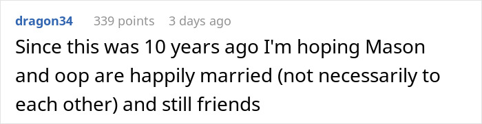 Commenter sharing hope that Mason and Oop, involved in cheating and secrets, are happily married and still friends years later.