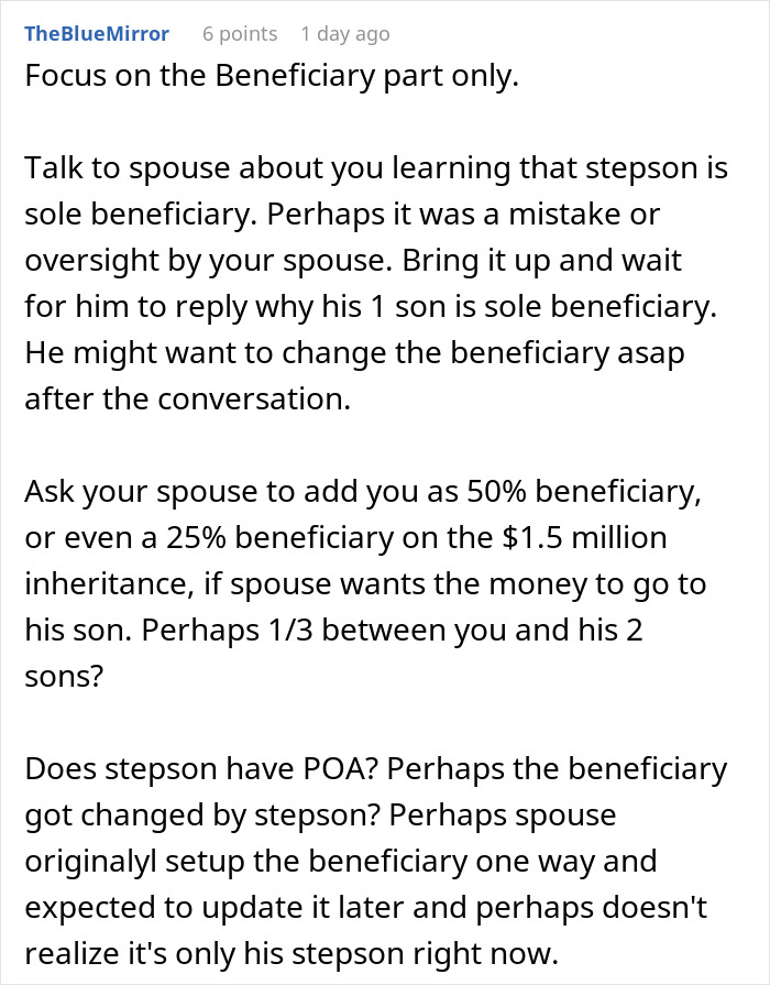 Text discussing inheritance beneficiary issues, a husband lying about inheritance, and a wife potentially left with nothing.