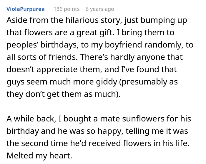Text post discussing giving boyfriend flowers, sharing how men appreciate flowers more due to less frequent gifts.