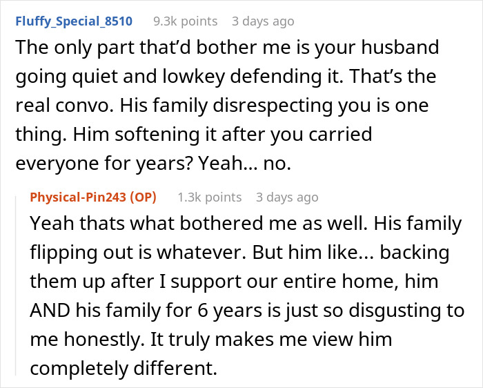 Screenshot of a Reddit conversation about a woman discussing her husband's entitled family and job status conflict. Screenshot of a Reddit conversation about a woman discussing her husband's entitled family and job status conflict.