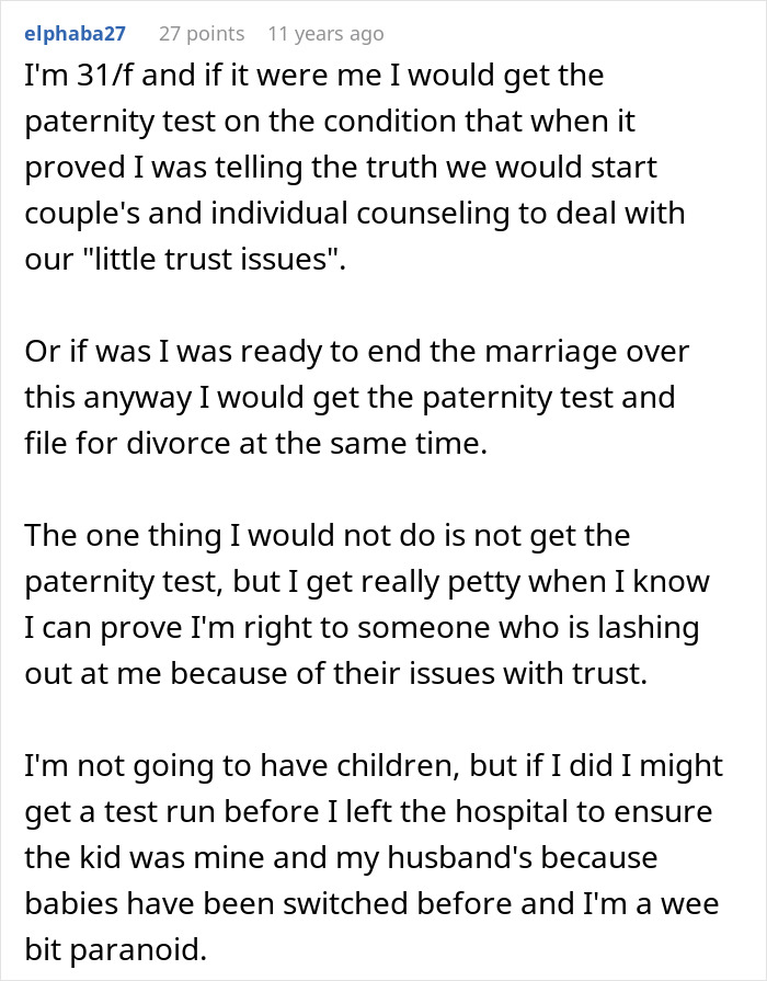 Comment discussing reasons for getting a secret paternity test for a newborn and issues of trust in marriage.