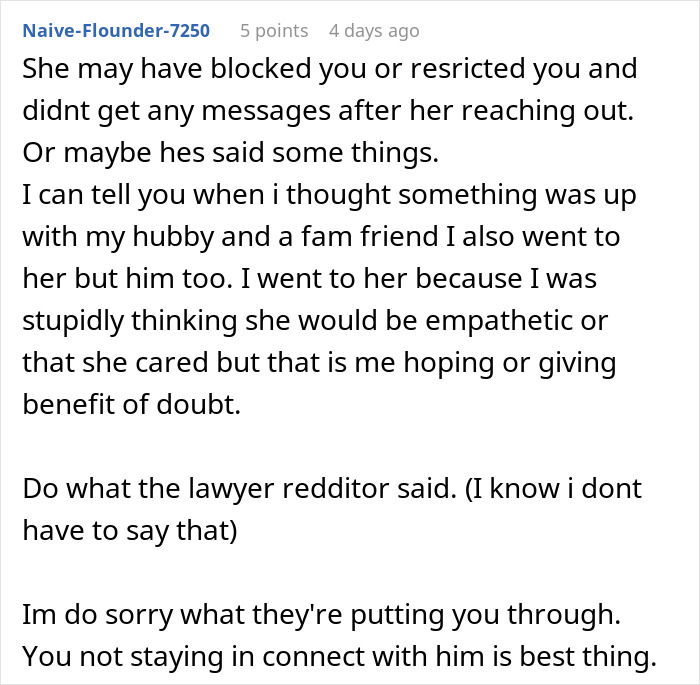 Text from a woman sharing relationship advice after discovering her boyfriend&rsquo;s wife contacted her.