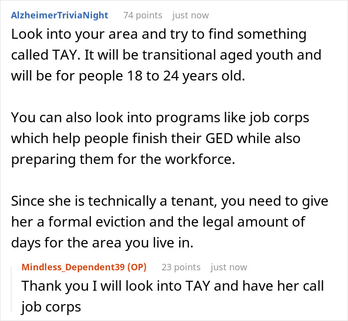 Screenshot of an online discussion about transitional aged youth programs and tenant eviction in a family living situation.