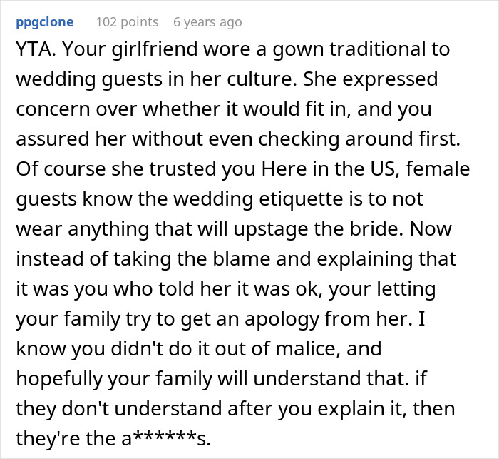 Screenshot of a Reddit comment discussing drama caused by approving an outfit for a sister&rsquo;s wedding.