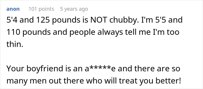 Screenshot of an online comment discussing body weight and criticizing a man who nags his girlfriend daily to lose weight.