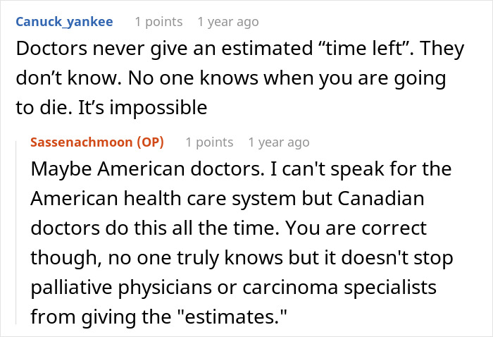 Reddit conversation discussing doctors&rsquo; ability to estimate time left for cancer patients and chemotherapy decisions.