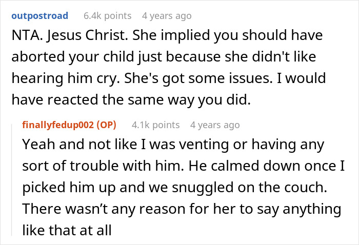 Screenshot of a rude online relationship comment about sil baby suggesting abortion due to crying, sparking strong reactions.