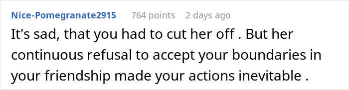 Screenshot of a Reddit comment discussing a woman trying to make her friend of 10 years fall in love and getting blocked.