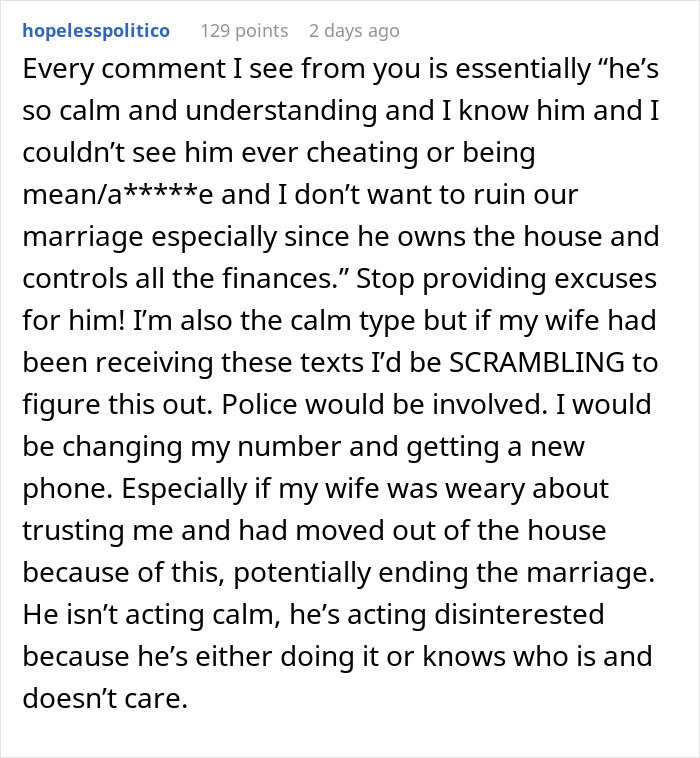 Screenshot of a comment discussing a woman suspecting her husband is a psychopath after receiving disturbing texts. Screenshot of a comment discussing a woman suspecting her husband is a psychopath after receiving disturbing texts.
