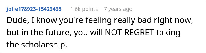 Screenshot of an online comment where a user advises valuing a scholarship over teenage love to protect the future.
