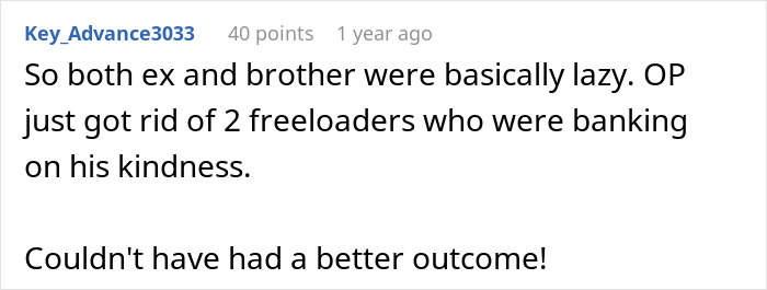 Comment discussing lazy behavior of family members and relief after removing freeloaders relying on kindness