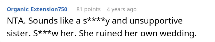 Screenshot of a Reddit comment calling a bride’s reaction to her fit sister at the wedding unsupportive and harsh. Screenshot of a Reddit comment calling a bride’s reaction to her fit sister at the wedding unsupportive and harsh.