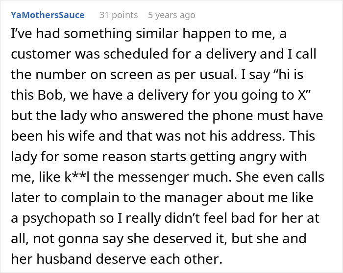 Text message discussing employee accidentally revealing he has a mistress to a customer’s wife, causing chaos and complaints. Text message discussing employee accidentally revealing he has a mistress to a customer’s wife, causing chaos and complaints.