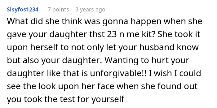 Comment discussing a MIL secretly DNA testing grandkid with a 23andMe kit, sparking family conflict and betrayal feelings.