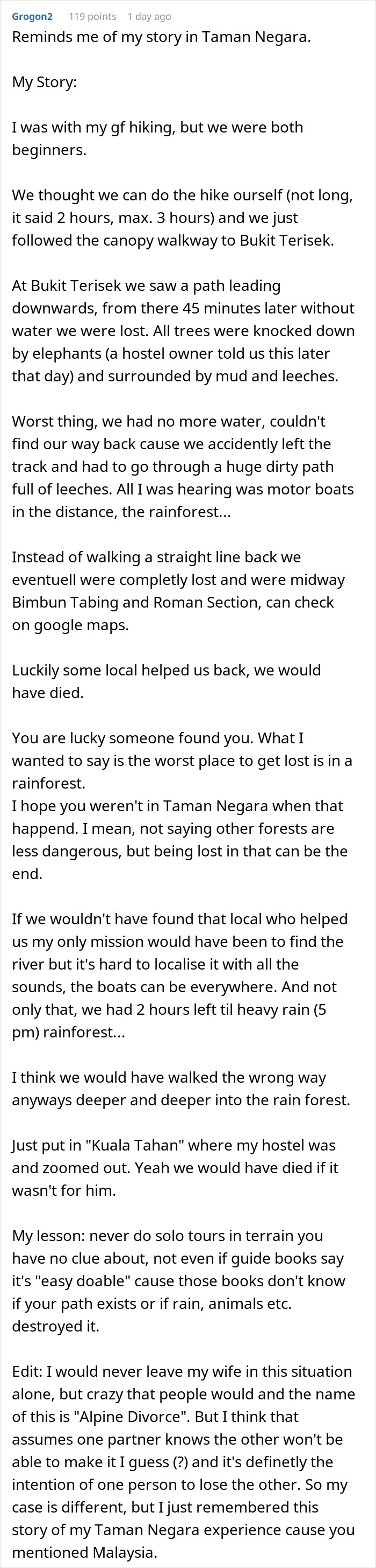 Comment text about men abandoning partners during outdoor activities, sharing a hiking survival story in a rainforest.
