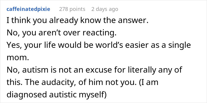 Comment discussing mental health struggles pushing a wife to the edge after a wedding photo snub.