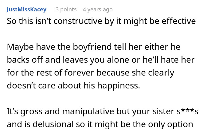 Screenshot of a forum comment discussing a sister demanding her brother to dump his secret boyfriend so she can date him instead.
