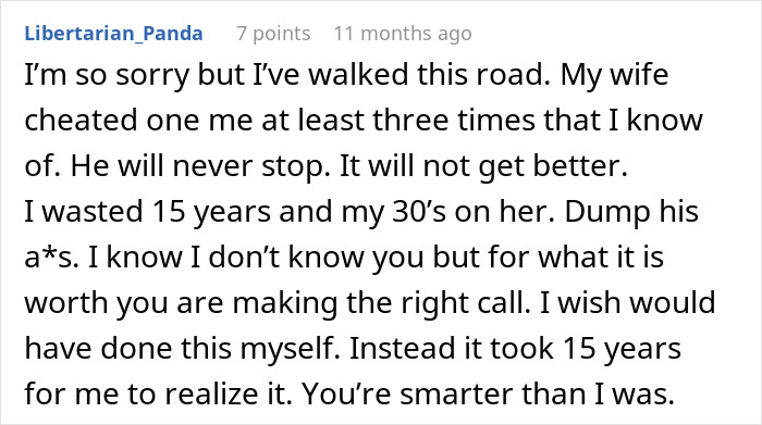 Commenter sharing personal experience with a woman who sleeps with a married man and advises dumping him.